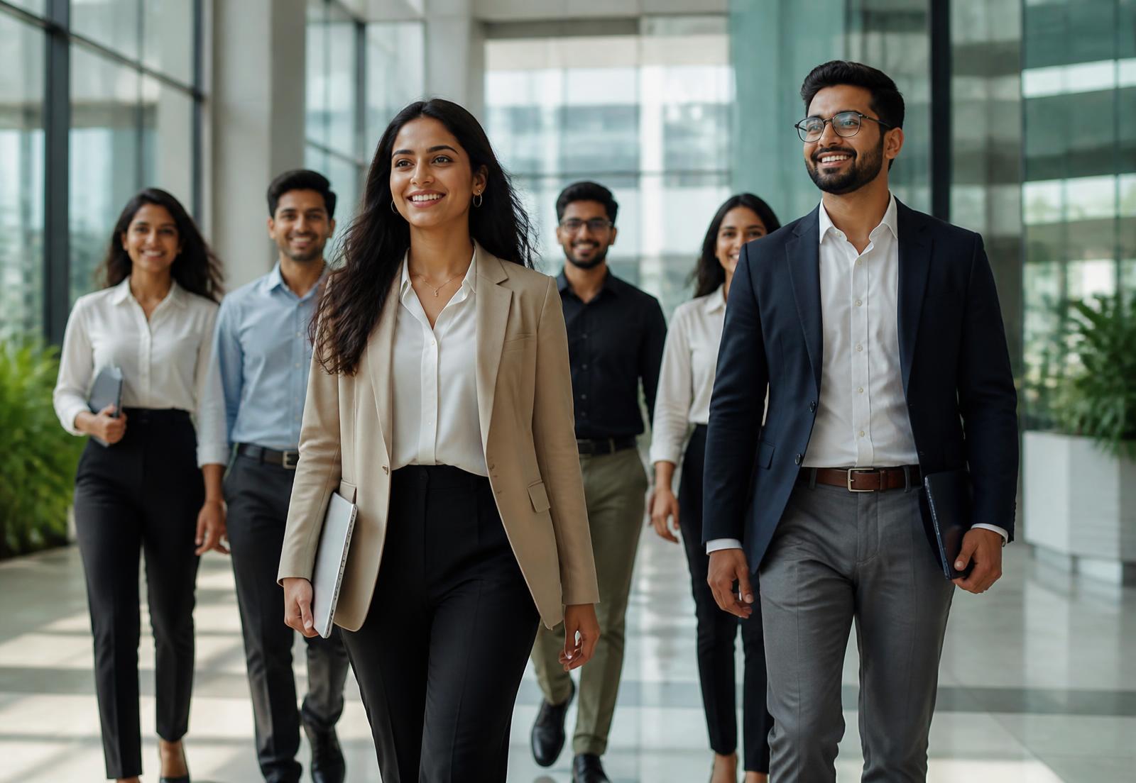 Young professionals placed by WorkviaTech walking through a corporate office